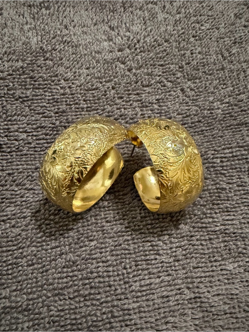 Gold Metal Floral Engraved Dome Hoop Earrings - Elegant Women's Jewelry